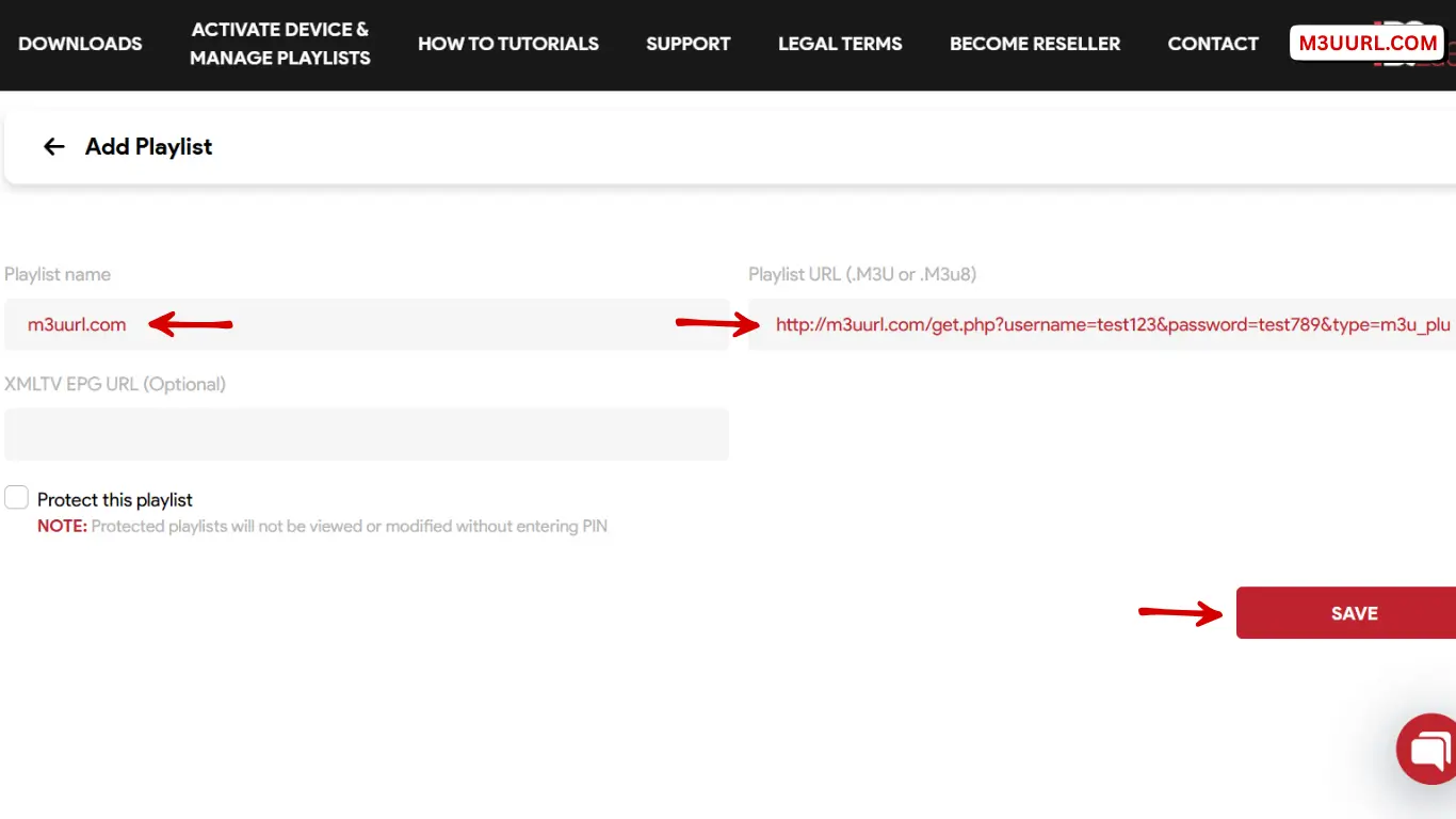 Add playlist name and M3U URL in IBO Player then press Save