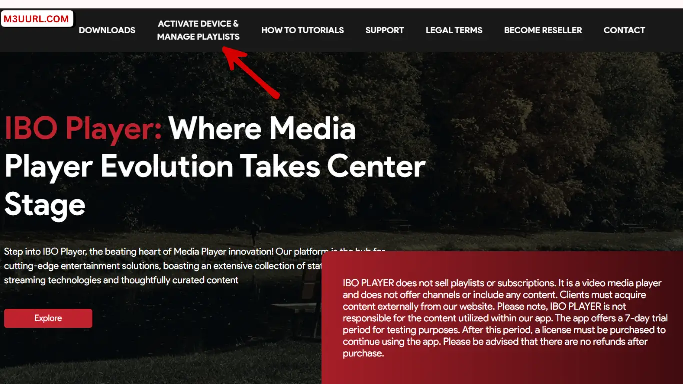IBO Player website menu showing Activate Device & Manage Playlists
