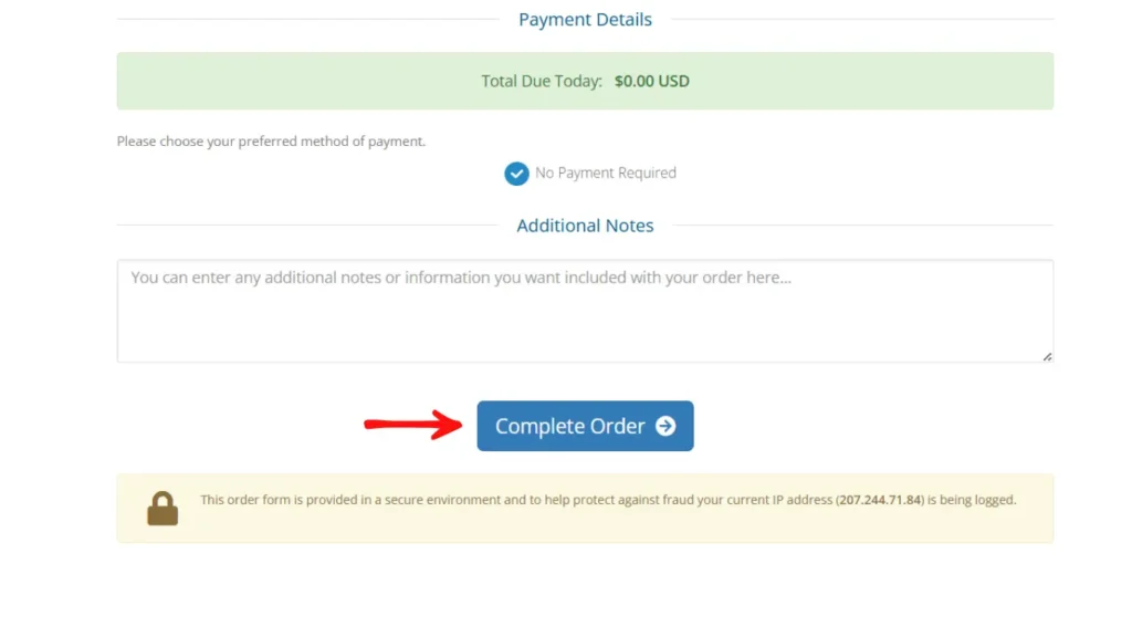 Scroll down and press Complete Order.