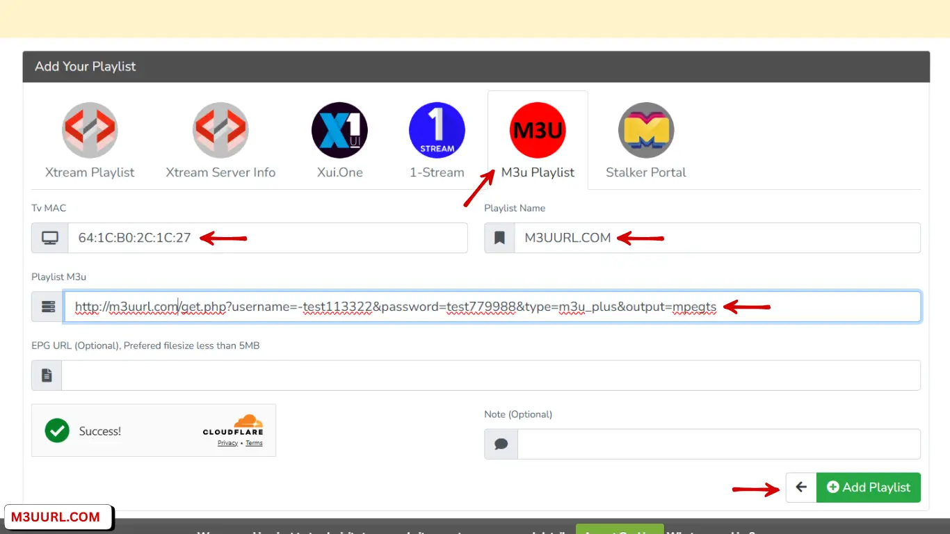 Add M3U playlist on SMARTONE using MAC address playlist name and M3U URL