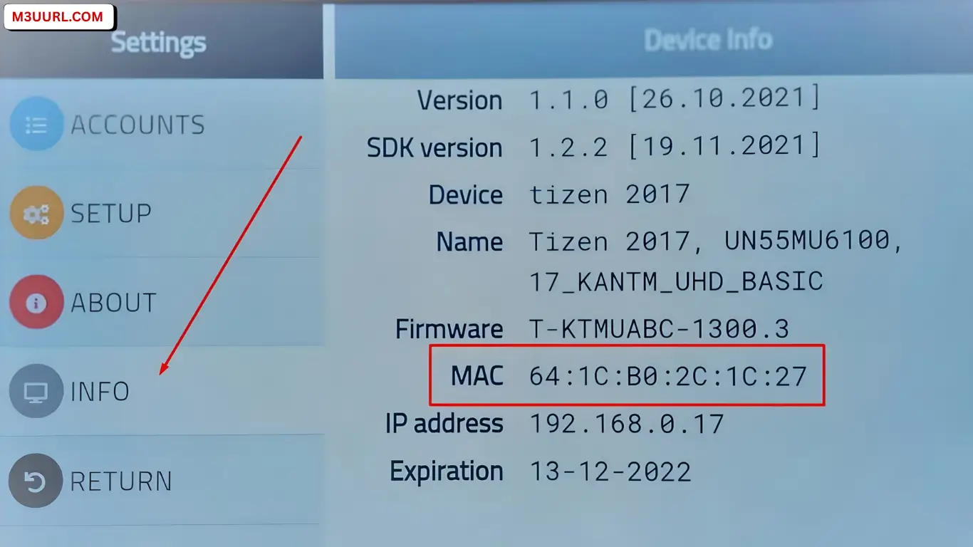 SMARTONE IPTV info screen showing device MAC address