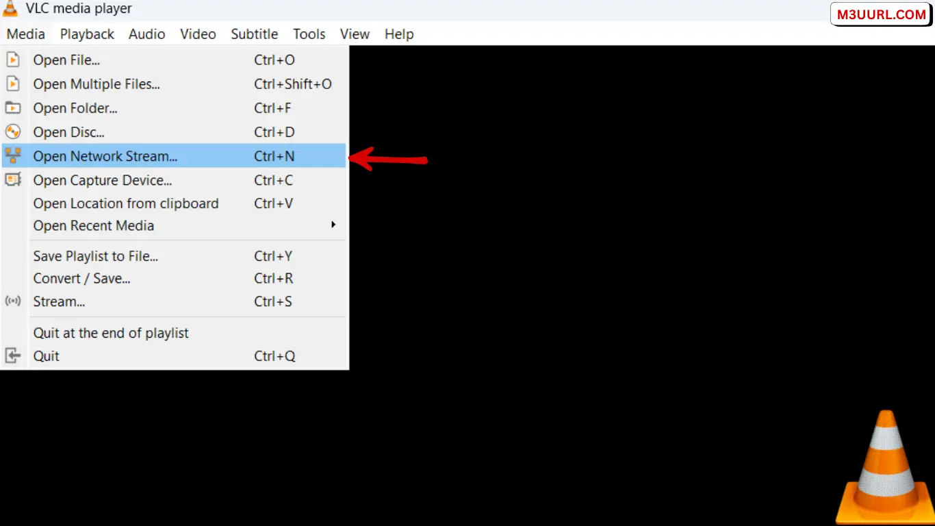 Open Network Stream option in VLC Media Player to add an M3U playlist
